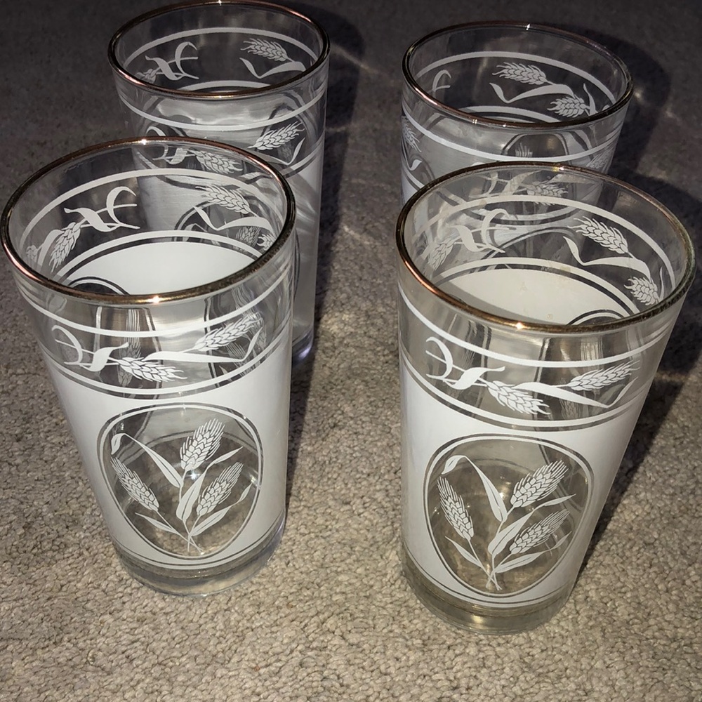 Vintage Wheat Design Clear White Gold Trim‎ Drinking Glasses Set (4)